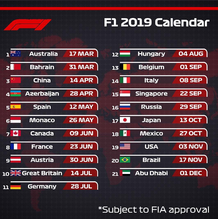 F1・2019年日程（暫定版：2018/8//31発表分）(c)Formula1